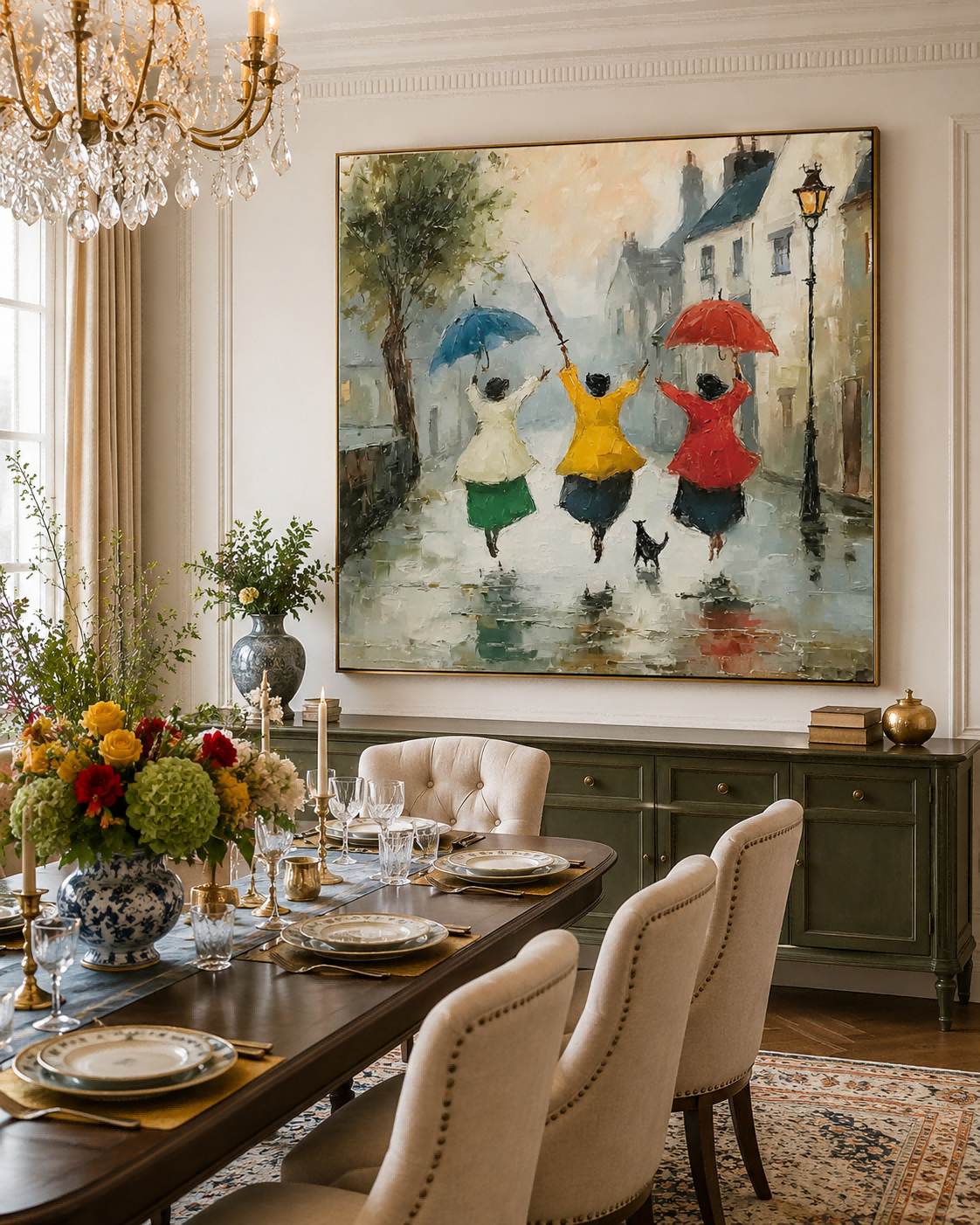 Impressionist Street Scene Oil Painting With Three Women In Rain For Modern Living Room Decor