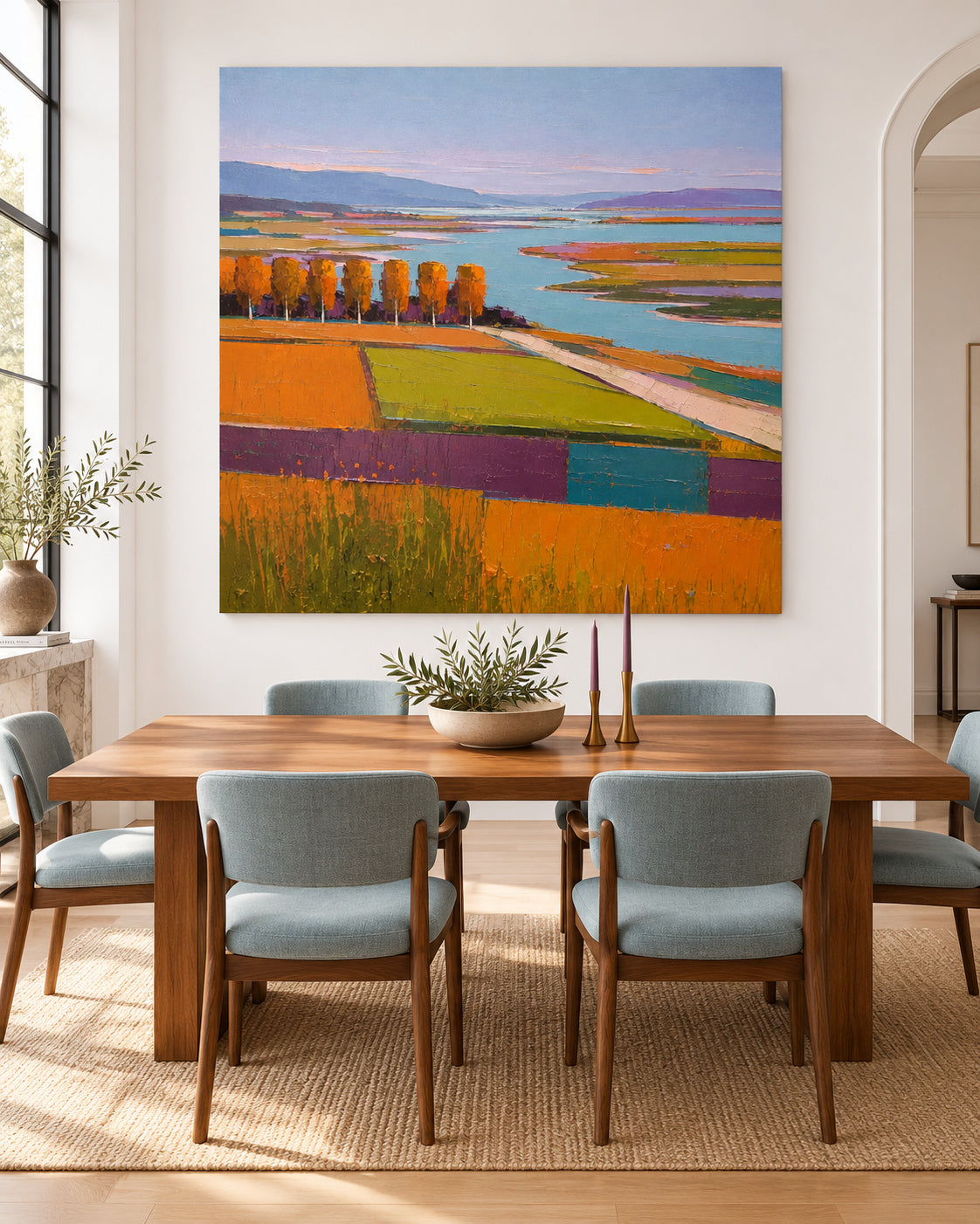 Hand-Painted Autumn Landscape Canvas Art With Golden Fields And Lake