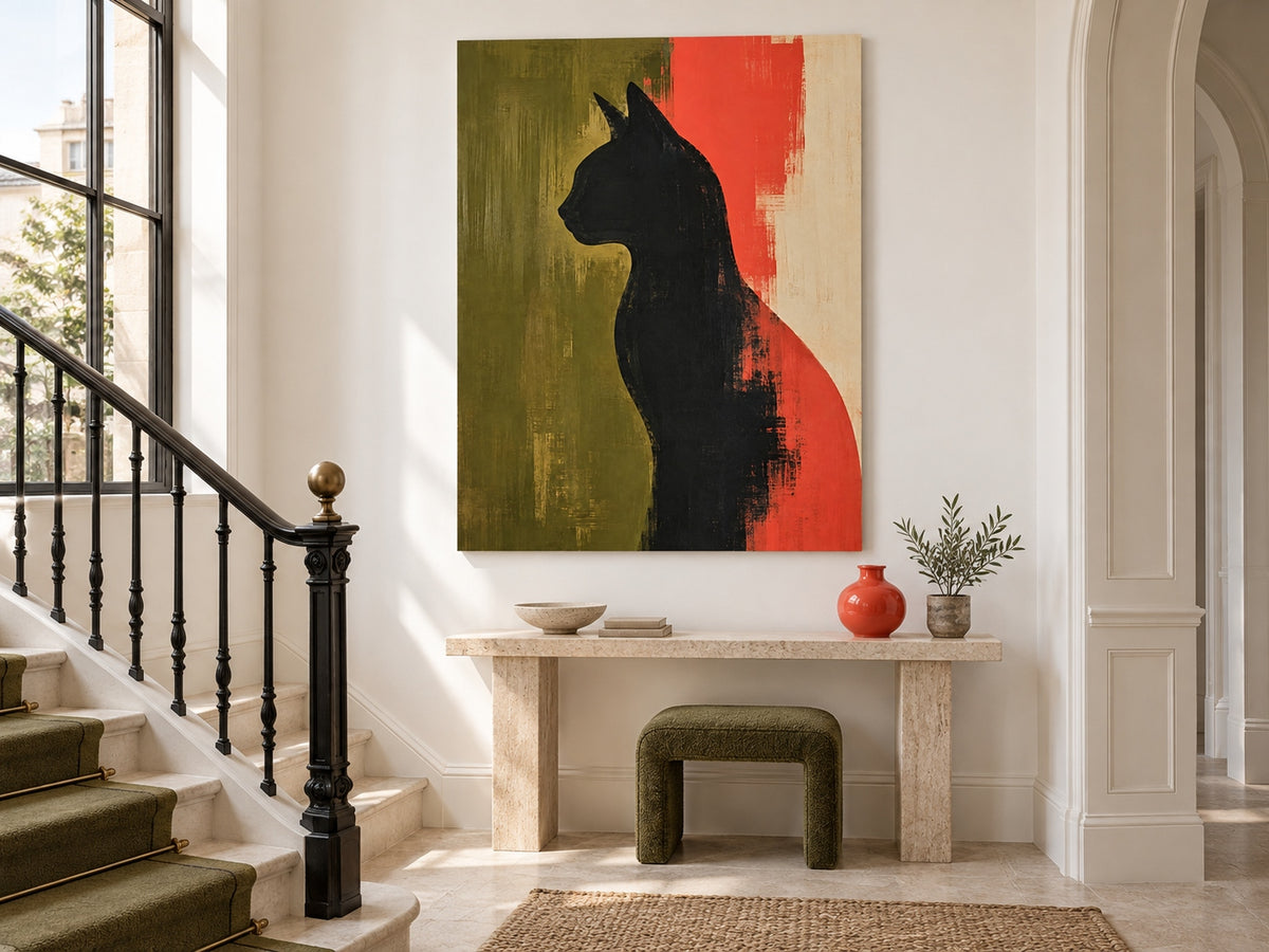Abstract Geometric Cat Painting Modern Textured Canvas Art In Warm Colors