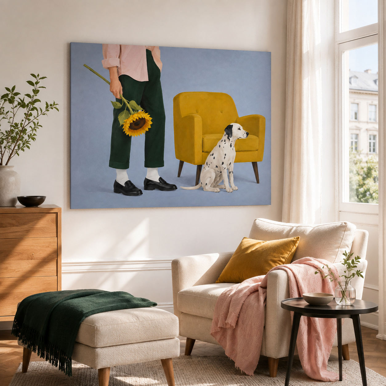 Modern Minimalist Figurative Oil Painting With Warm Tones Hand-Painted Canvas Of Man With Sunflower And Dog