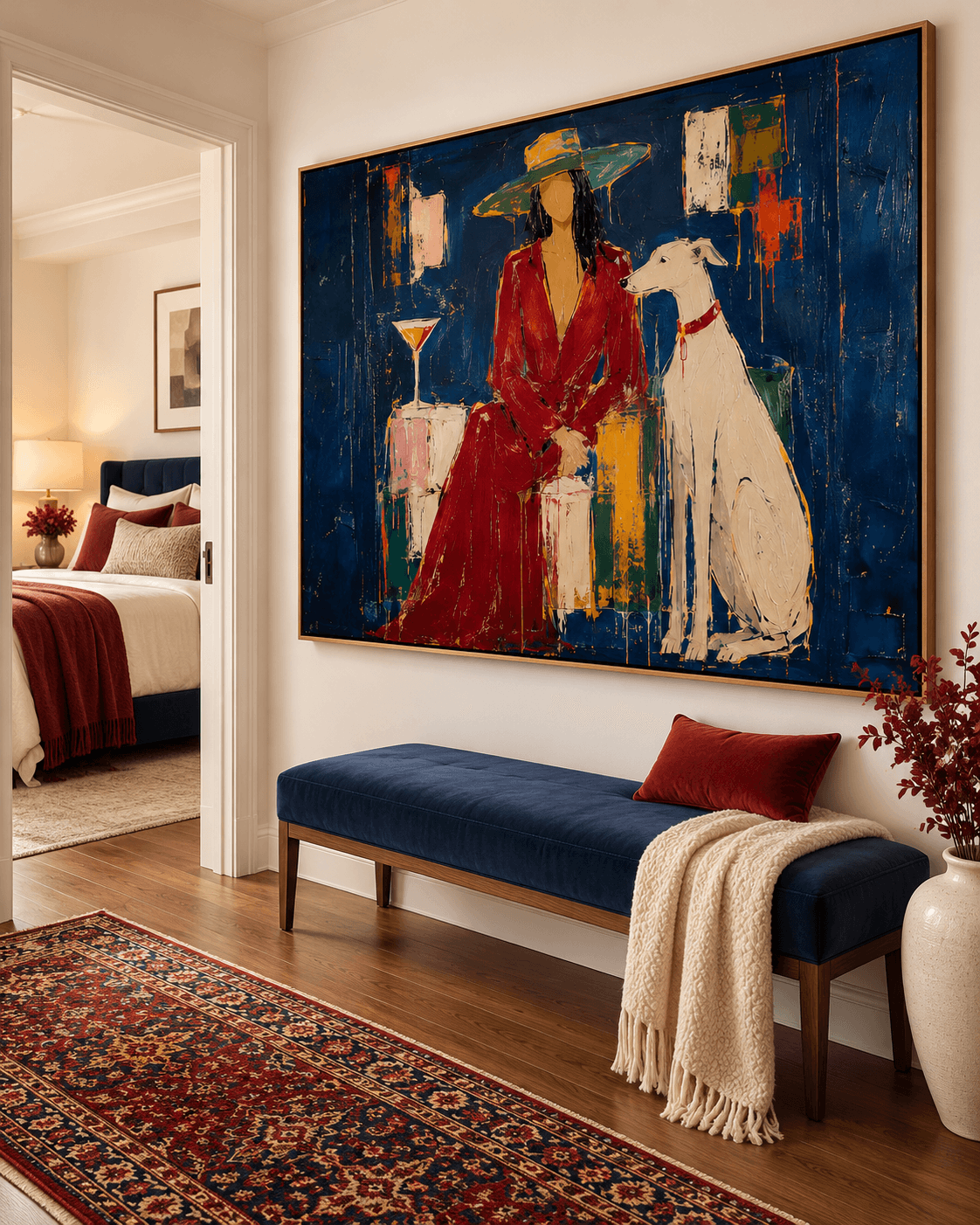Modern Textured Art Abstract Portrait Of Lady With Dog In Blue
