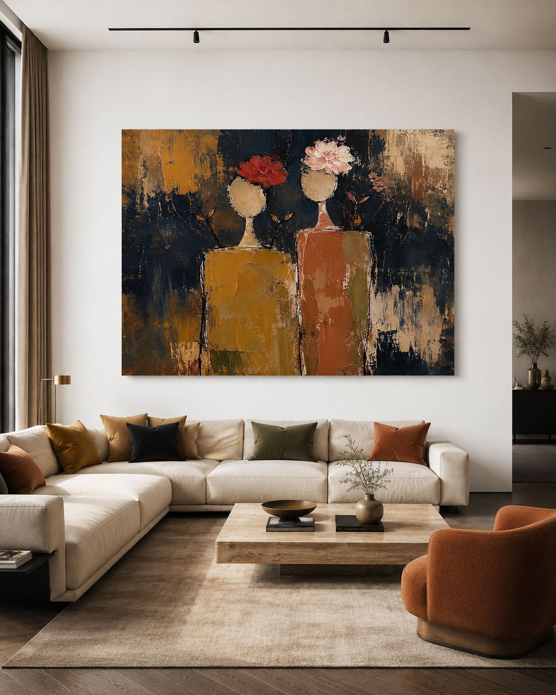 Vintage Modern Abstract Art Canvas Textured Painting With Pink And Red Flowers