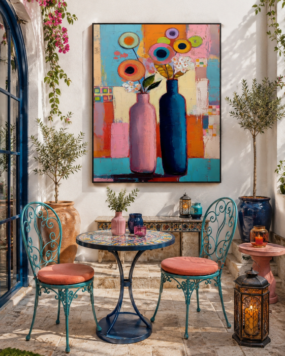 Modern Pop Art Style Floral Canvas With Geometric Shapes And Bold Colors For Contemporary Interiors