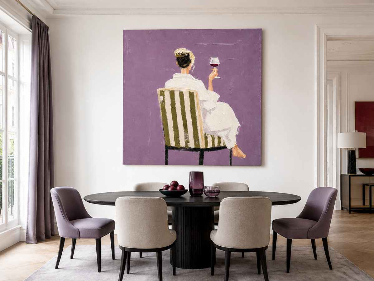 Woman With Wine Glass Hand-Painted Canvas Art In Purple And White Modern Living Room Wall Art With Elegant Woman And Striped Chair