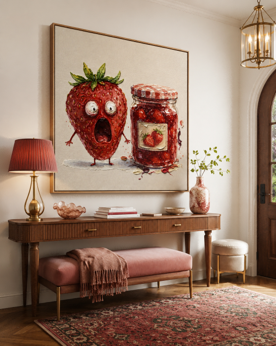 Funny Anthropomorphic Strawberry Art Original Canvas Print With Jam Jar Theme