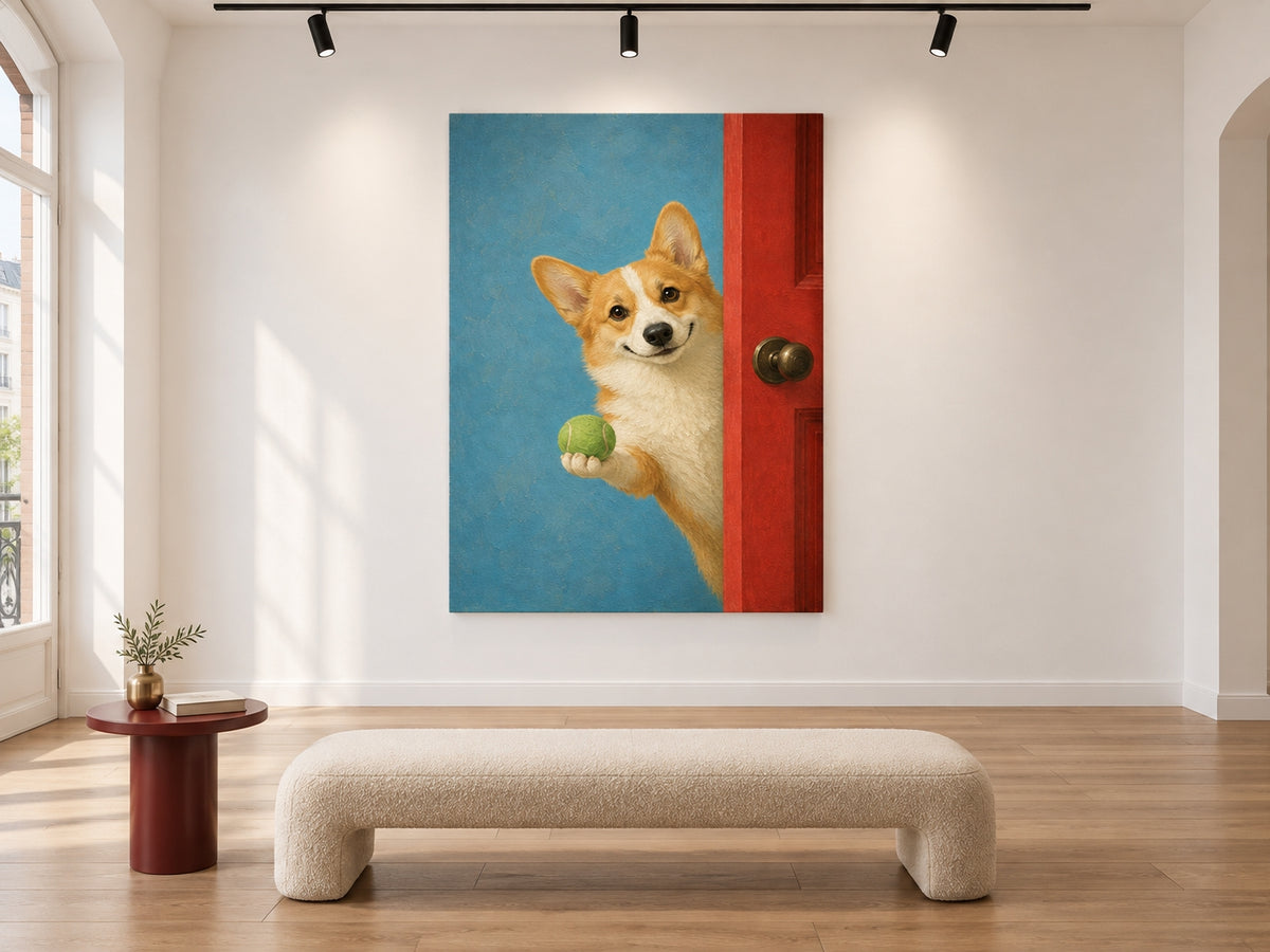 Hand-Painted Corgi With Tennis Ball Original Canvas Art