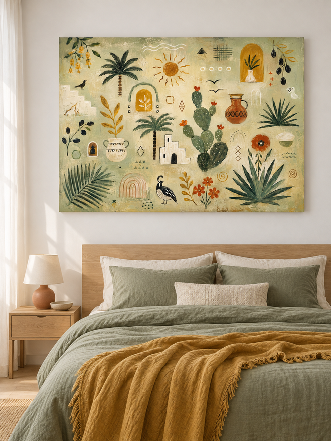 Hand-Painted Cactus And Palm Tree Abstract Canvas Art With Sun