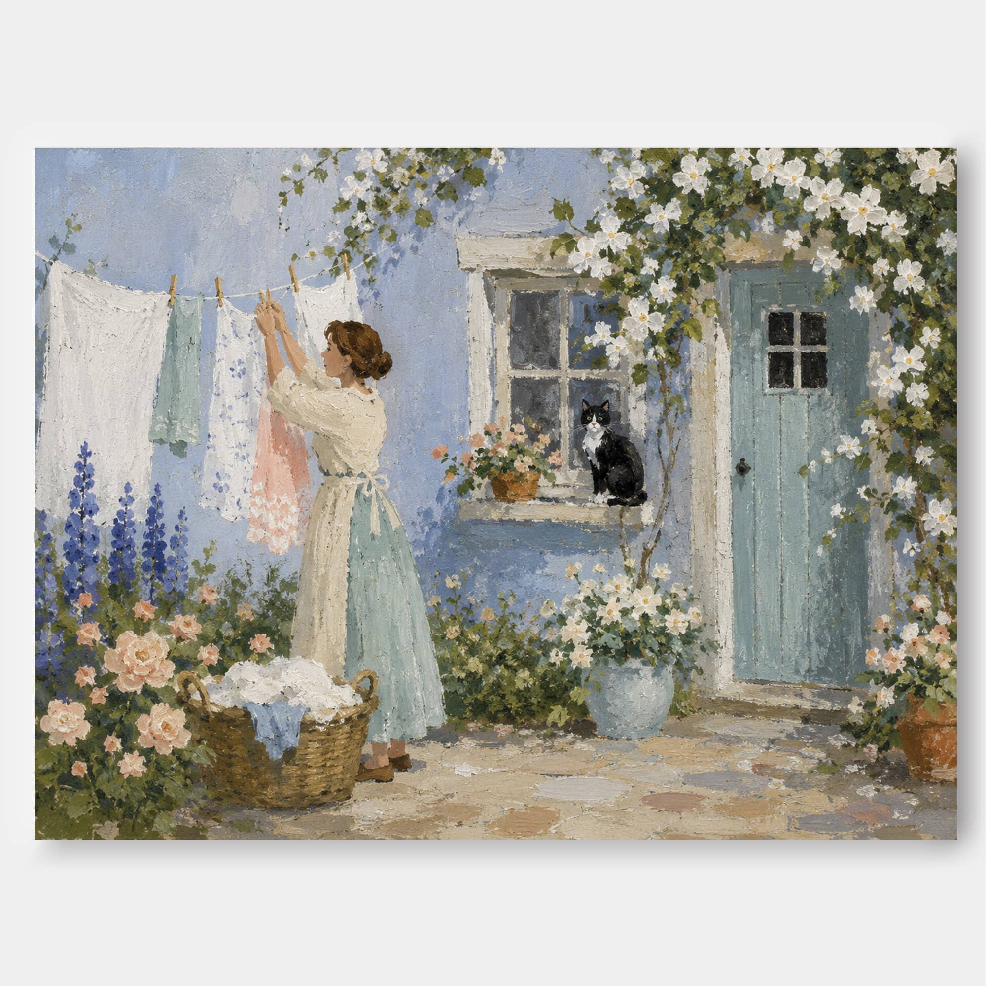 Woman Hanging Laundry With Cat In Blue Cottage Garden Hand-Painted Canvas Art