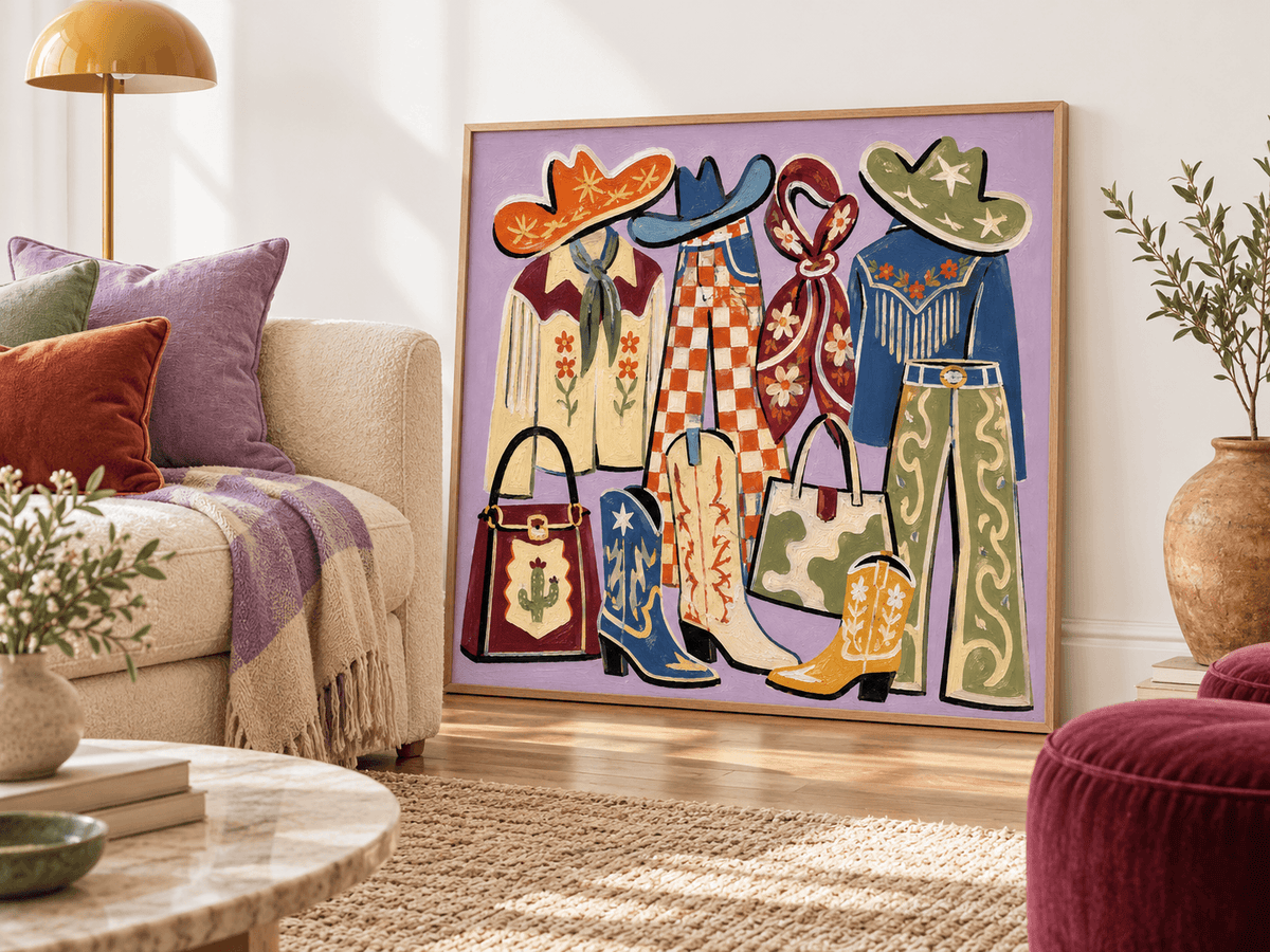 Vintage Pop Art Canvas Painting Of Cowboy Outfits In Purple Tone Handmade Original Wall Decor