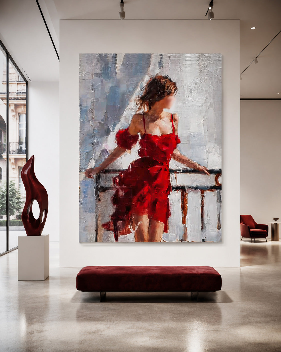 Modern Red Dress Woman Painting Abstract Faceless Figure Art For Living Room Decor