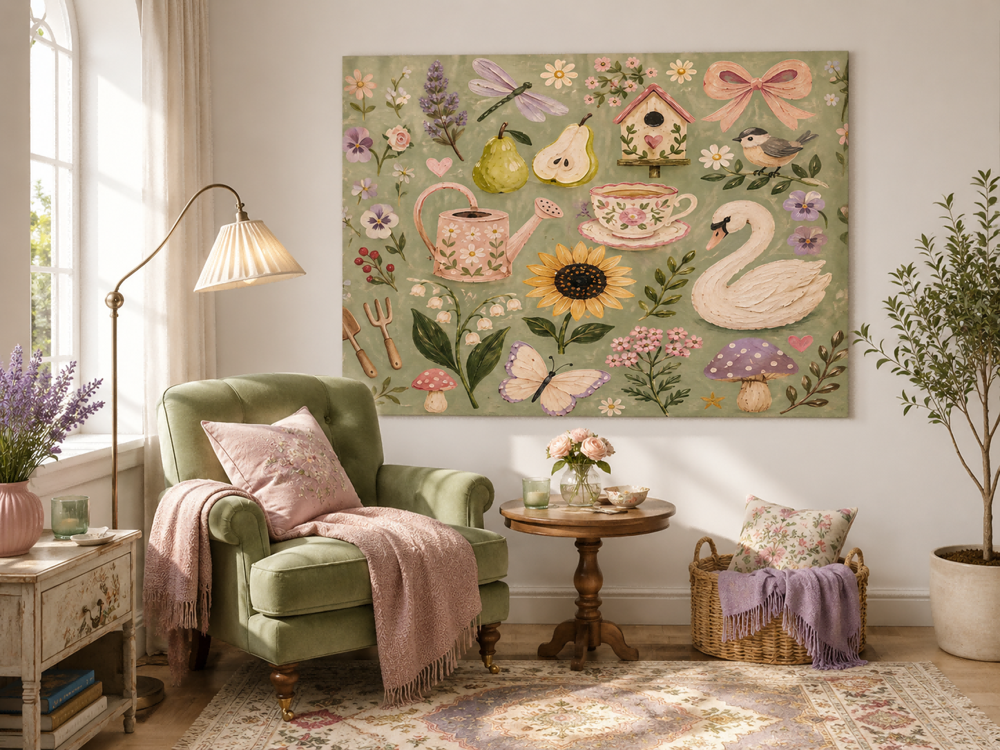 Pastoral Vintage Oil Painting With Sage Green Floral And Animal Motifs For Living Room Decor