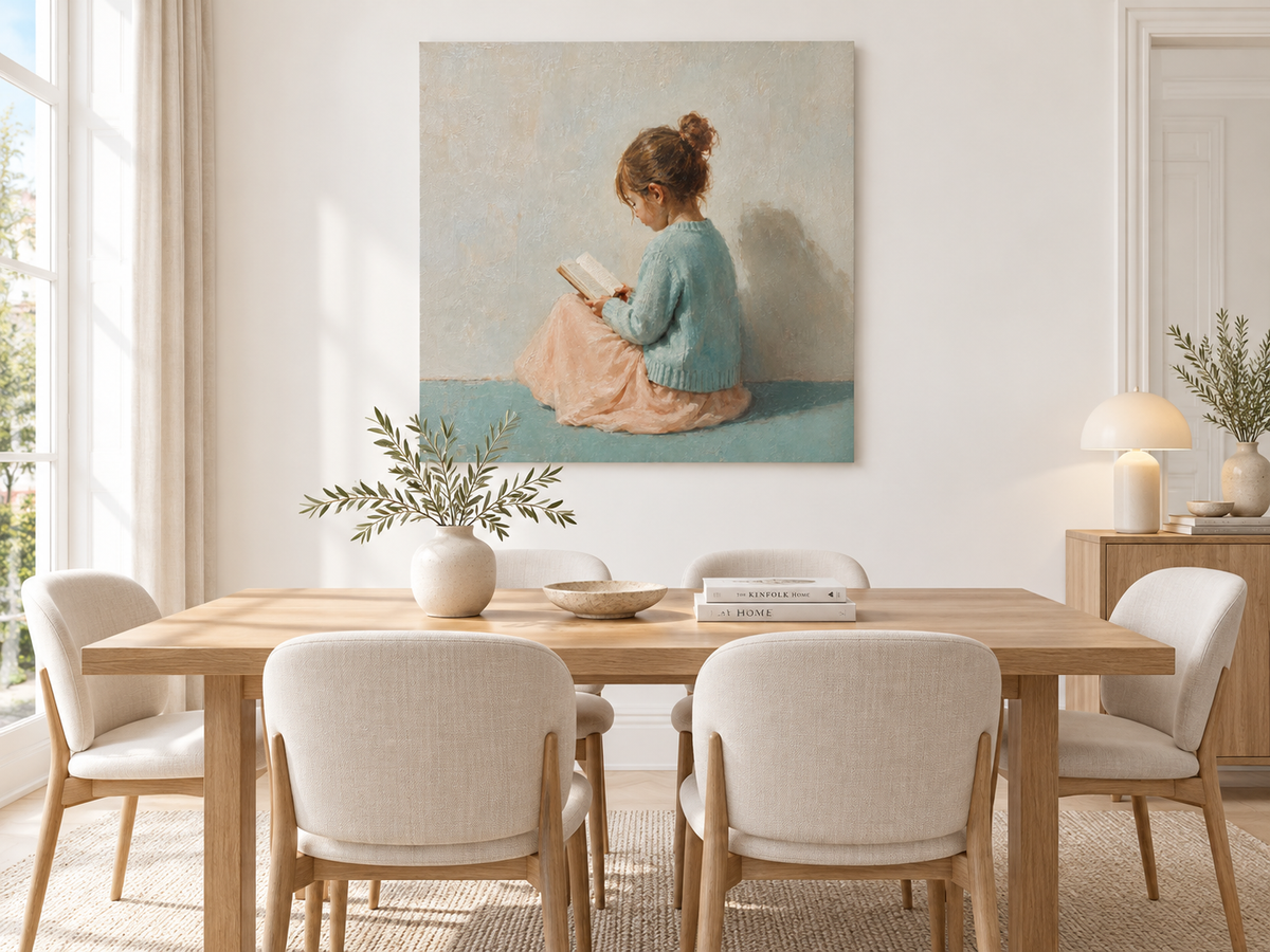 Girl Reading Book Hand-Painted Canvas Art With Blue Sweater And Gray Wall
