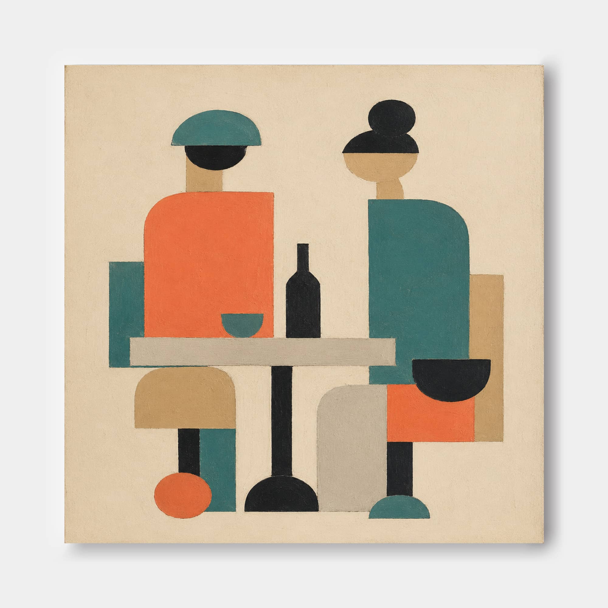 Abstract People Canvas Painting Geometric Figures With Wine Bottle