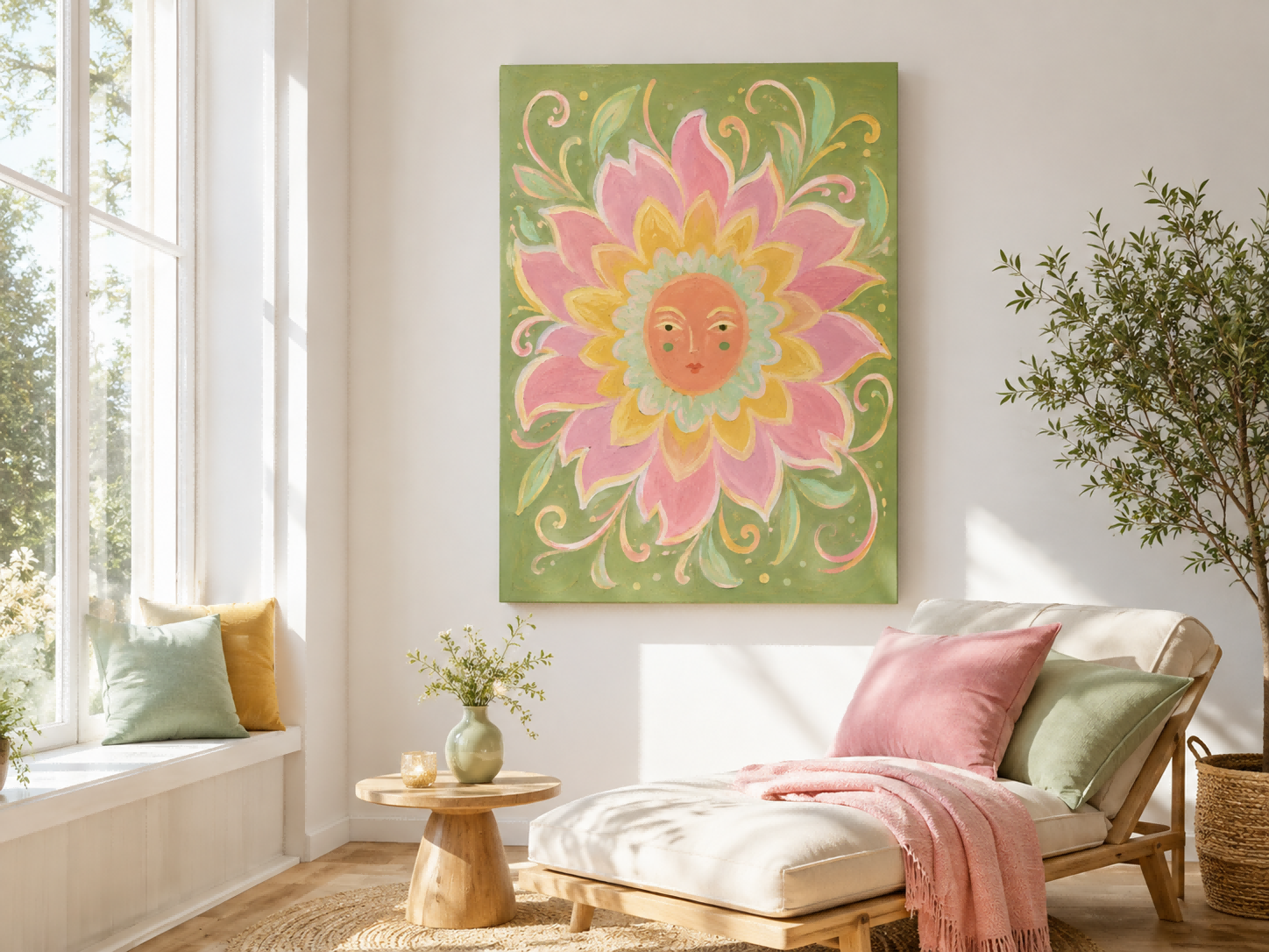 Art Deco Inspired Fantasy Flower Painting With Serene Sun Face Design