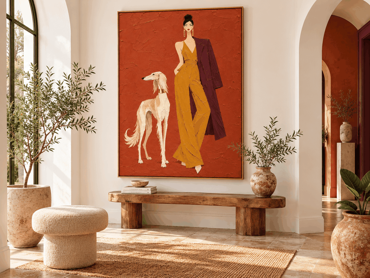 Hand-Painted Woman And Dog Canvas Art In Brick Red And Mustard Yellow