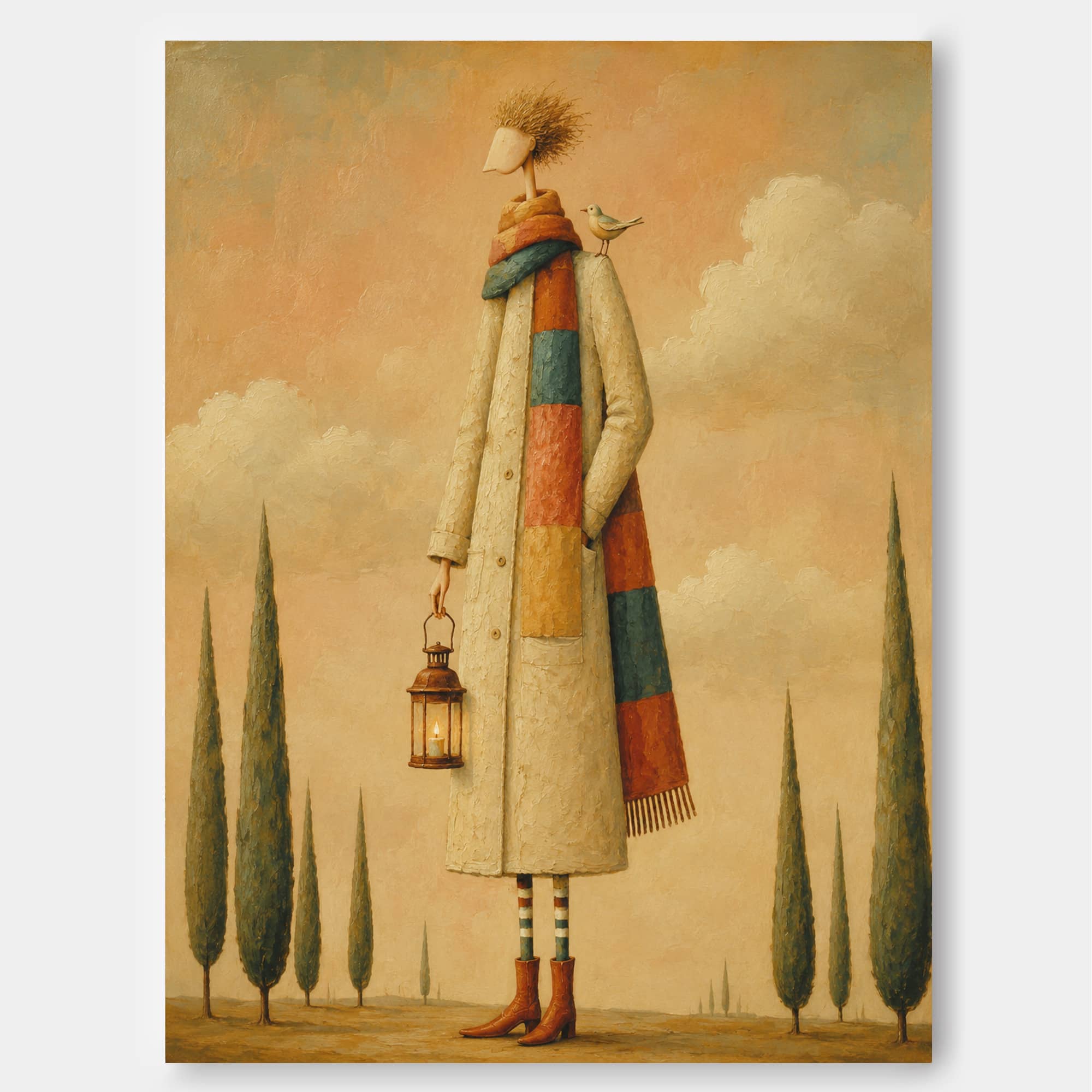 Surreal Man With Lantern And Bird Canvas Painting In Warm Beige Tones
