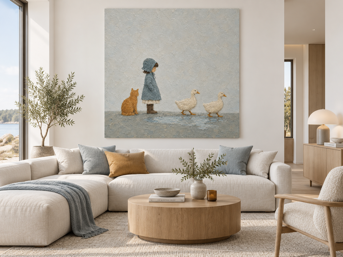 Modern Naive Art Canvas Painting Textured Abstract Animal Scene