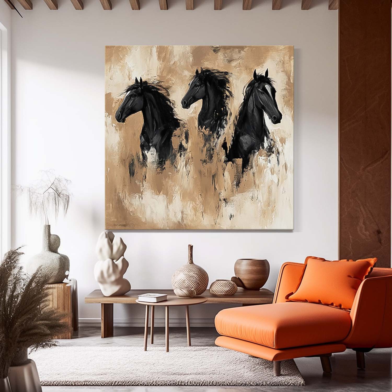 Large Retro Animal Artwork Home Decor Original Abstract Three Horse Wall Art Square Oil Painting Canvas