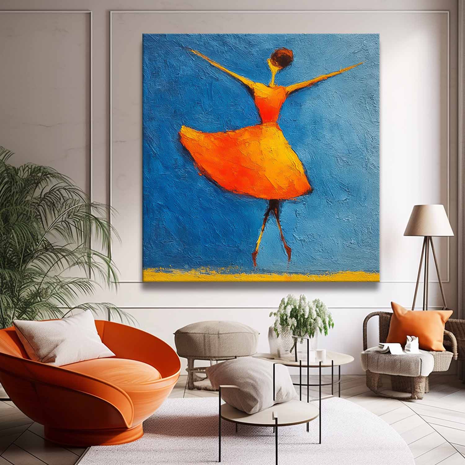 Minimalist People Silhouette Wall Art Modern Orange Skirt Framed Original Vibrant Color Oil Painting 