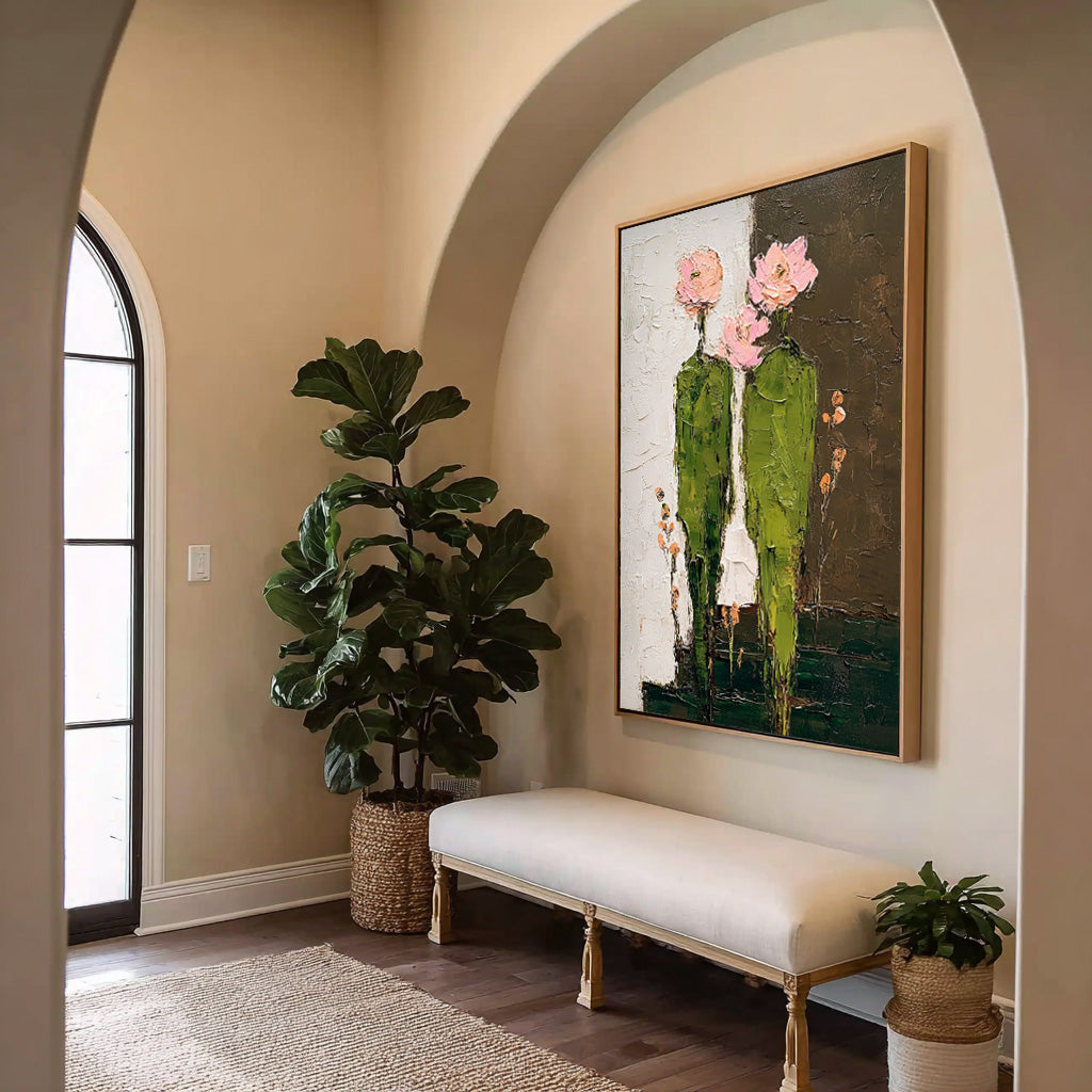 Handpainted Abstract Green Flower People Painting Modern Textured Wall Art Unique Floral Artwork Decor Gift