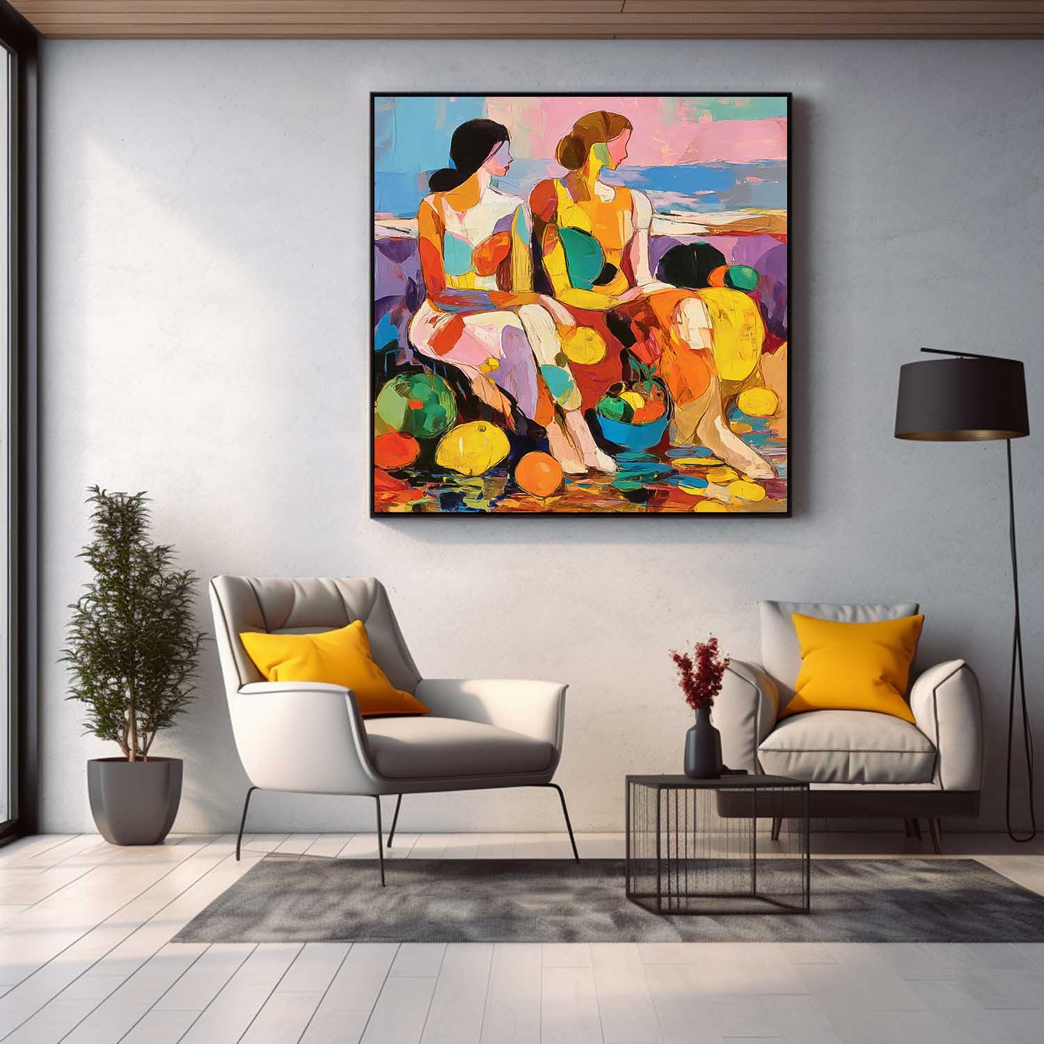 Large Colorful Abstract Women Painting Square Fruit Still Life Wall Art Original Figure Artwork