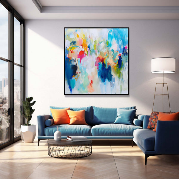 Colorful Original Hand Painted Wall Art Square Abstract Fine Art Canvas Contemporary Abstract Art For Sale