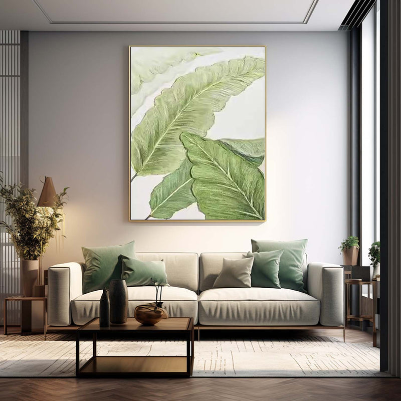 Green Leaves Oil Painting On Canvas Oversize Original Texture Leaves Artwork For Living Room
