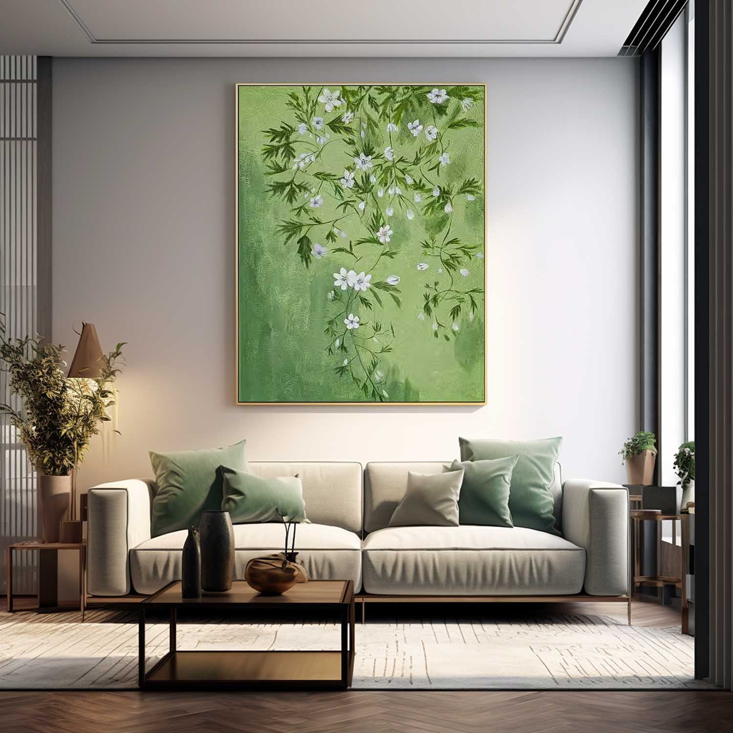 Green Leaves And White Flower Oil Painting On Canvas Big Original Beautiful Flowers Artwork Framed