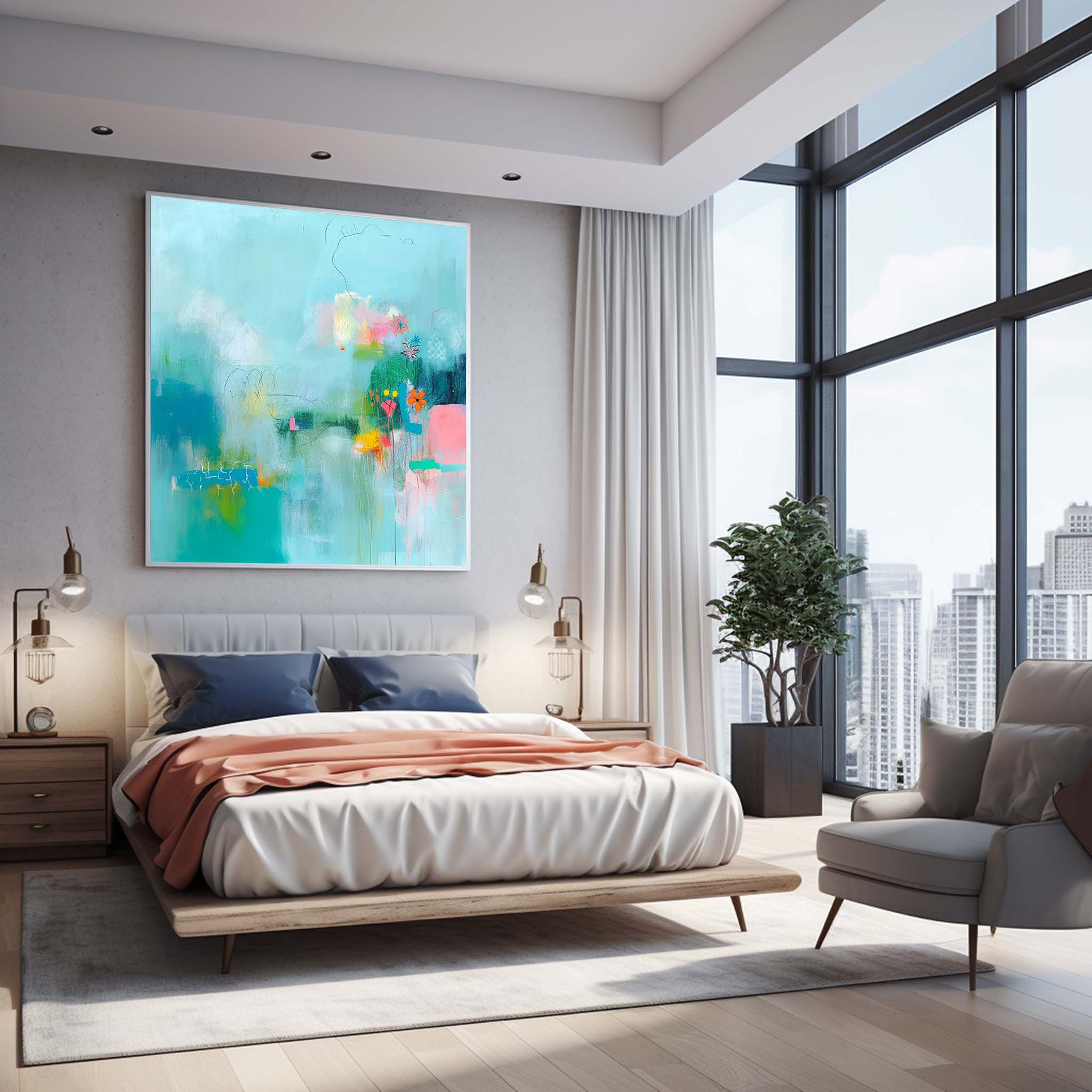 Bright Blue Abstract Painting Canvas Original Abstract Art For Sale Contemporary New Abstract Painting For Living Room