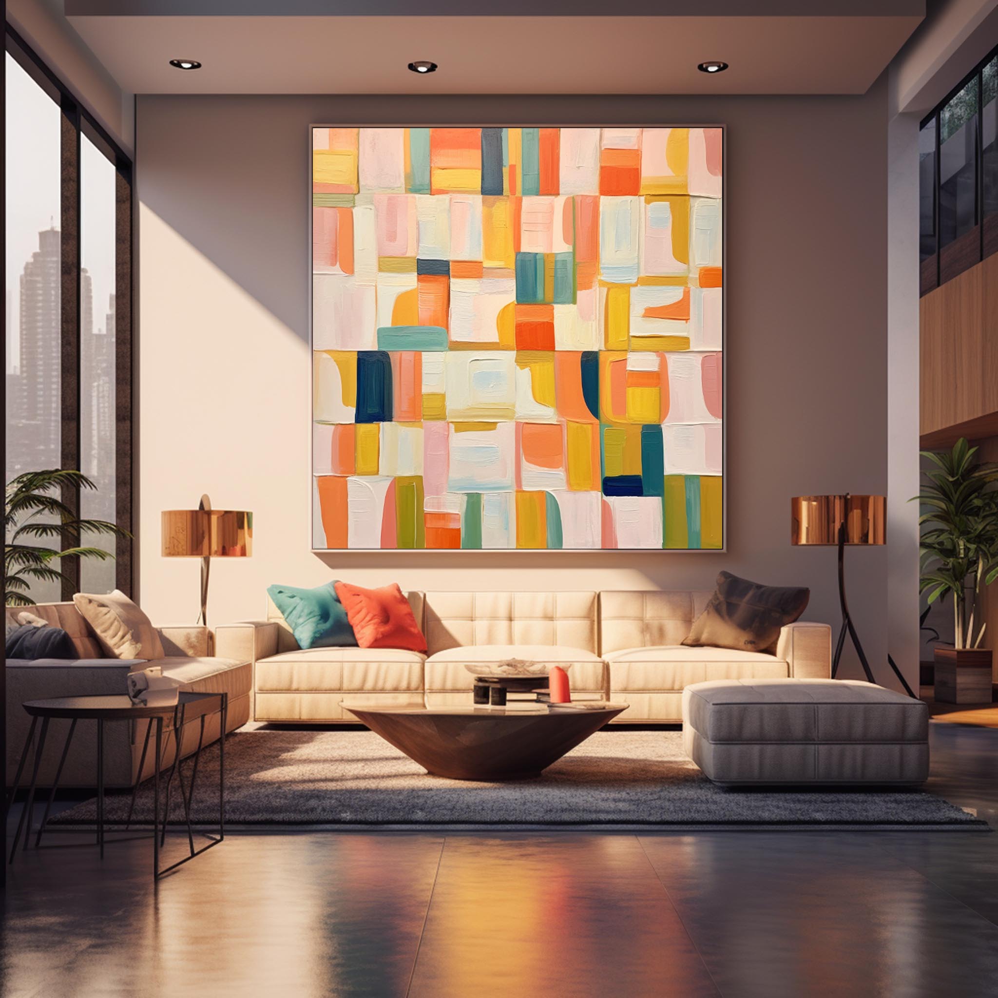 Square Abstract Geometry Oil Painting Bright Yellow Large Acrylic Painting Canvas Original Modern Wall Art For Living Room