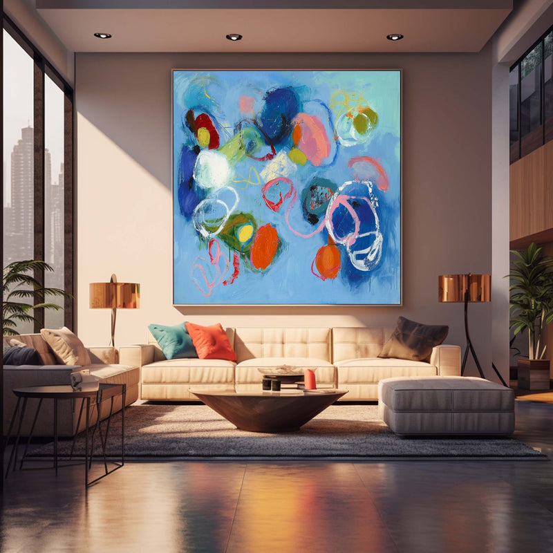 Blue Square Abstract Texture Oil Painting Bright Coloful Large Acrylic Painting Canvas Original Modern Wall Art For Living Room