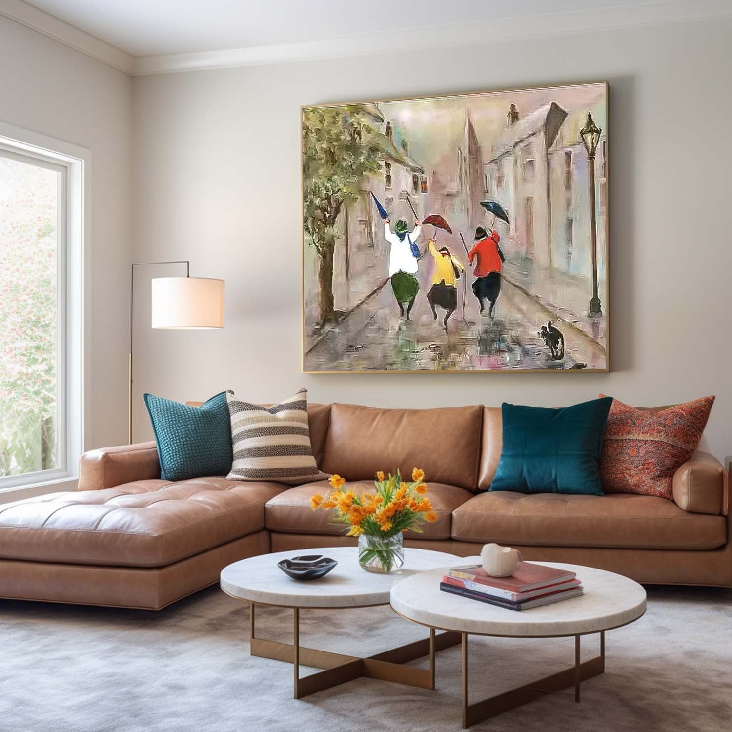 Large Woman Walking In The Rain Wall Art Abstract Oil Painting Original Medieval style Artwork For Living Room