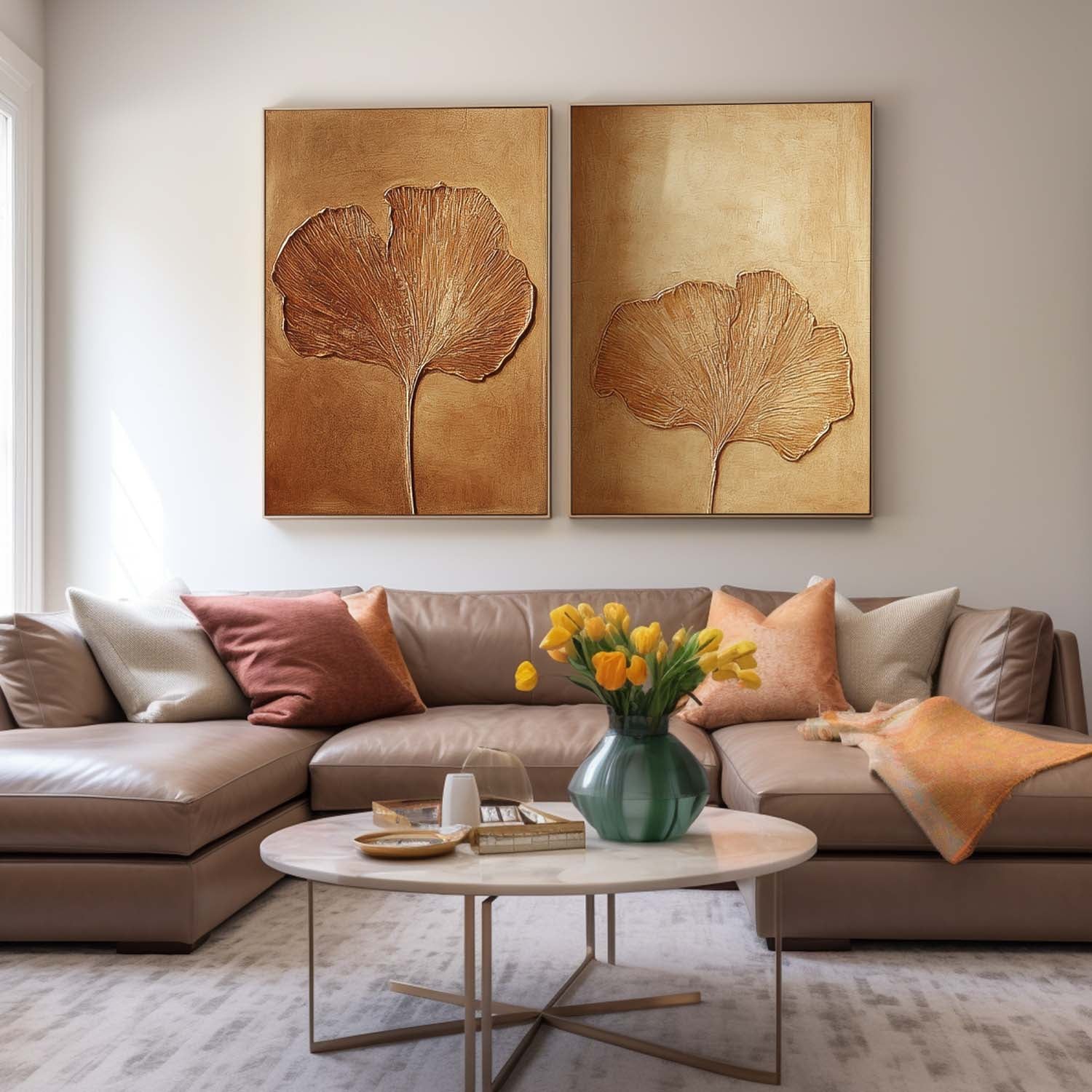 Set of 2 Exquisite Ginkgo Leaf Painting Acrylic Textured Floral Art Impressionist Ginkgo Leaf Painting