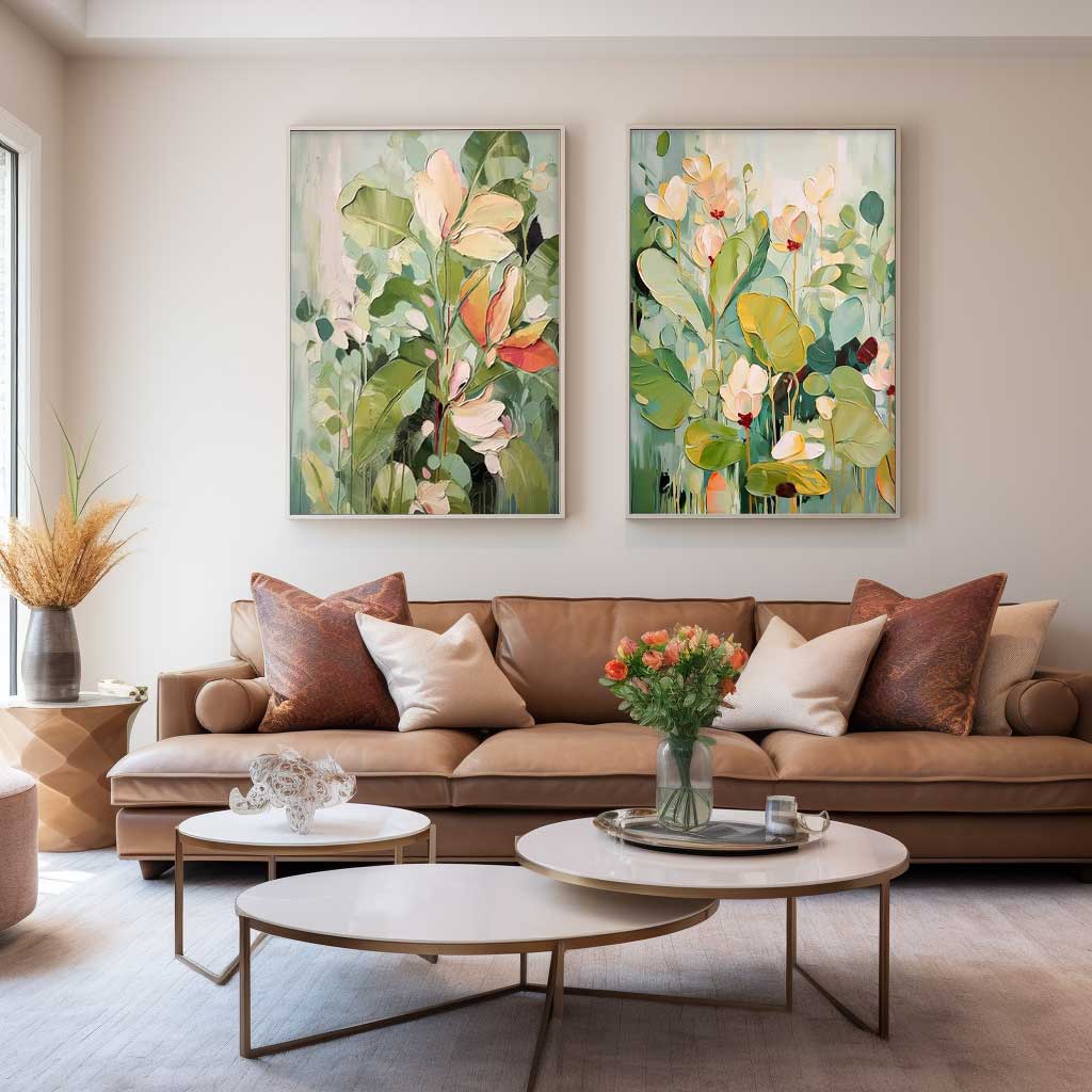 Set of 2 Green Abstract Oil Paintings Contemporary Flower Canvas Wall Art Floral Spring Artwork