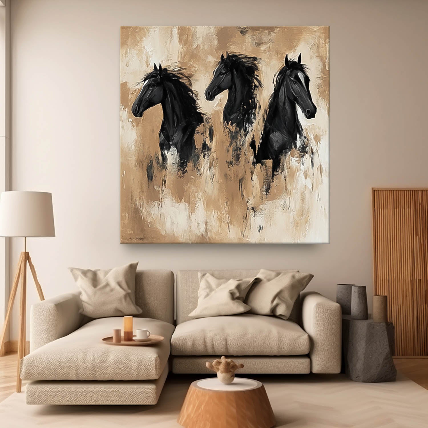 Large Retro Animal Artwork Home Decor Original Abstract Three Horse Wall Art Square Oil Painting Canvas
