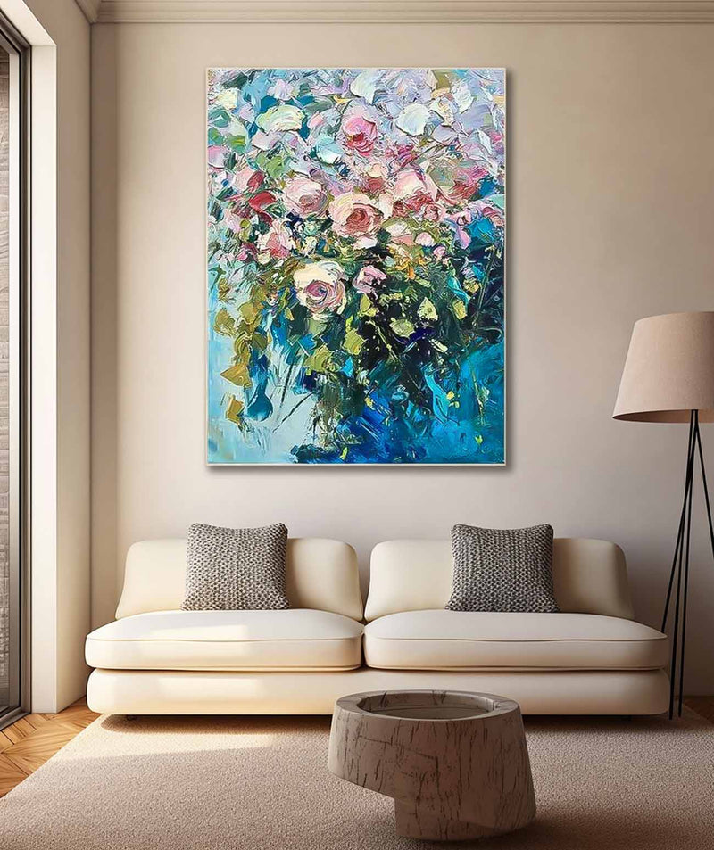 Pink Floral Abstract Acrylic Knife Painting On Canvas Contemporary Flower Wall Art Rustic Art