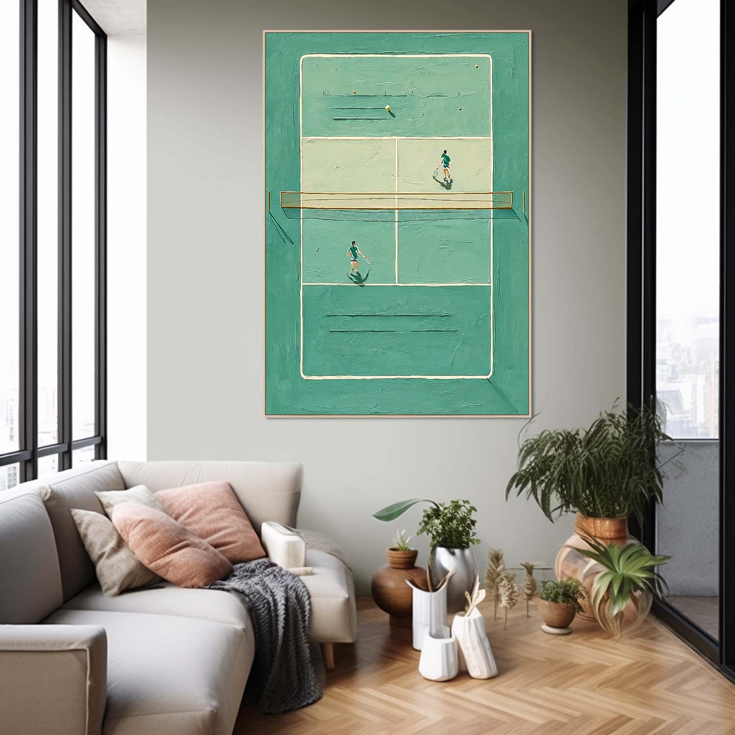 Large Tennis Wall Art Original Green Tennis Court Oil Painting Tennis Lovers Gifts Sports Decor