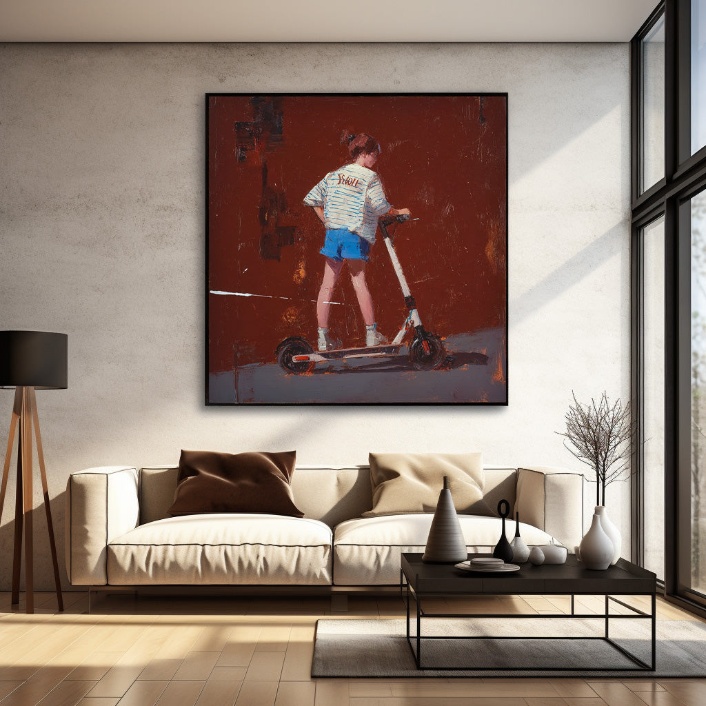 Original Red Wall Art Abstract Fashionable Street Style Minimalist Energetic Girl Riding A Scooter Painting