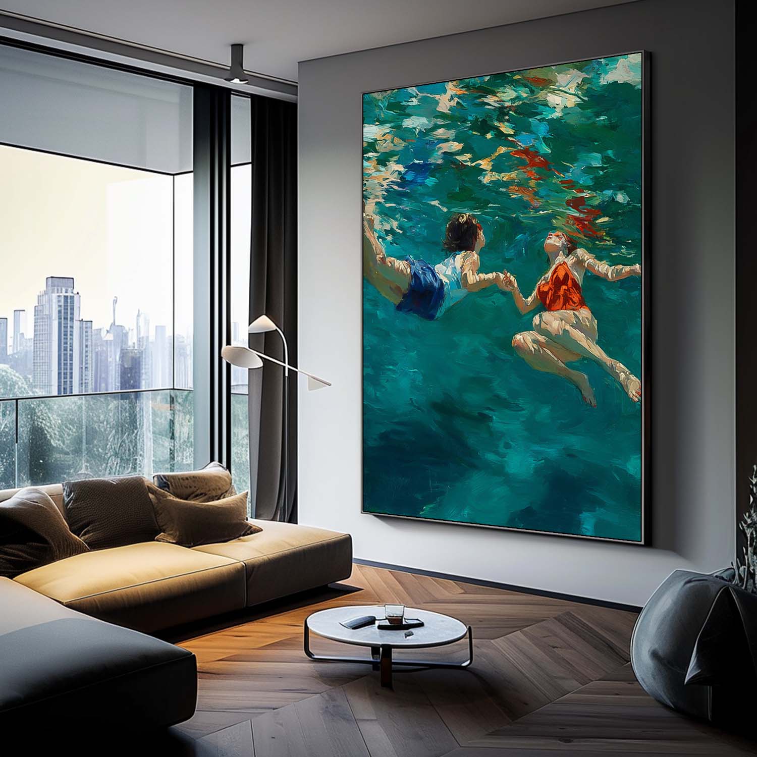 Original Diving Wall Art Abstract Two People playing In Water Oil Painting Canvas Modern Swimming Artwork