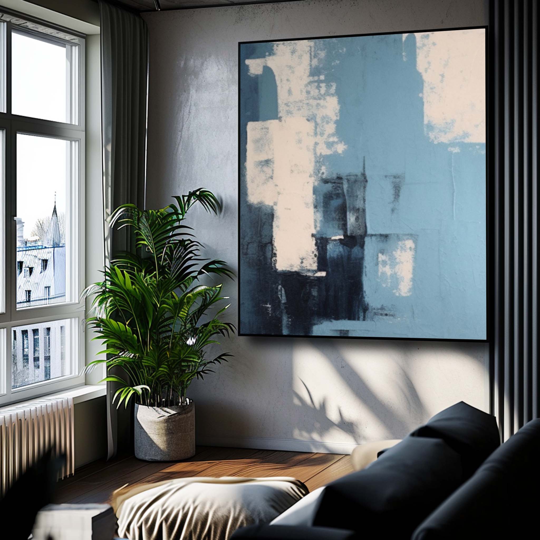 Large Original Abstract Oil Painting On Canvas Blue Modern Texture Wall Art For Living Room