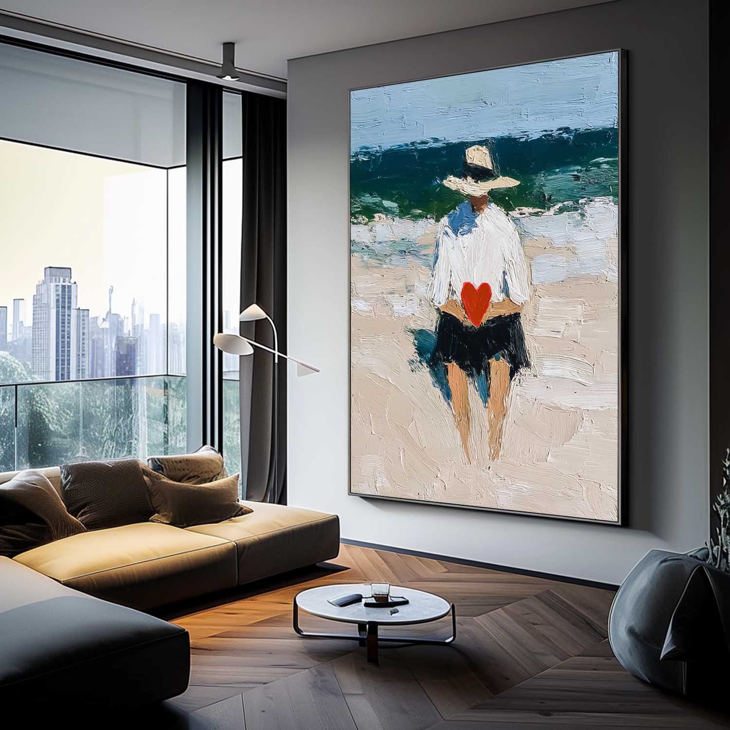 Original Beach Boy Oil Painting Style for Romantic Holding Love Heart Canvas Wall Art Modern Artwork Decor