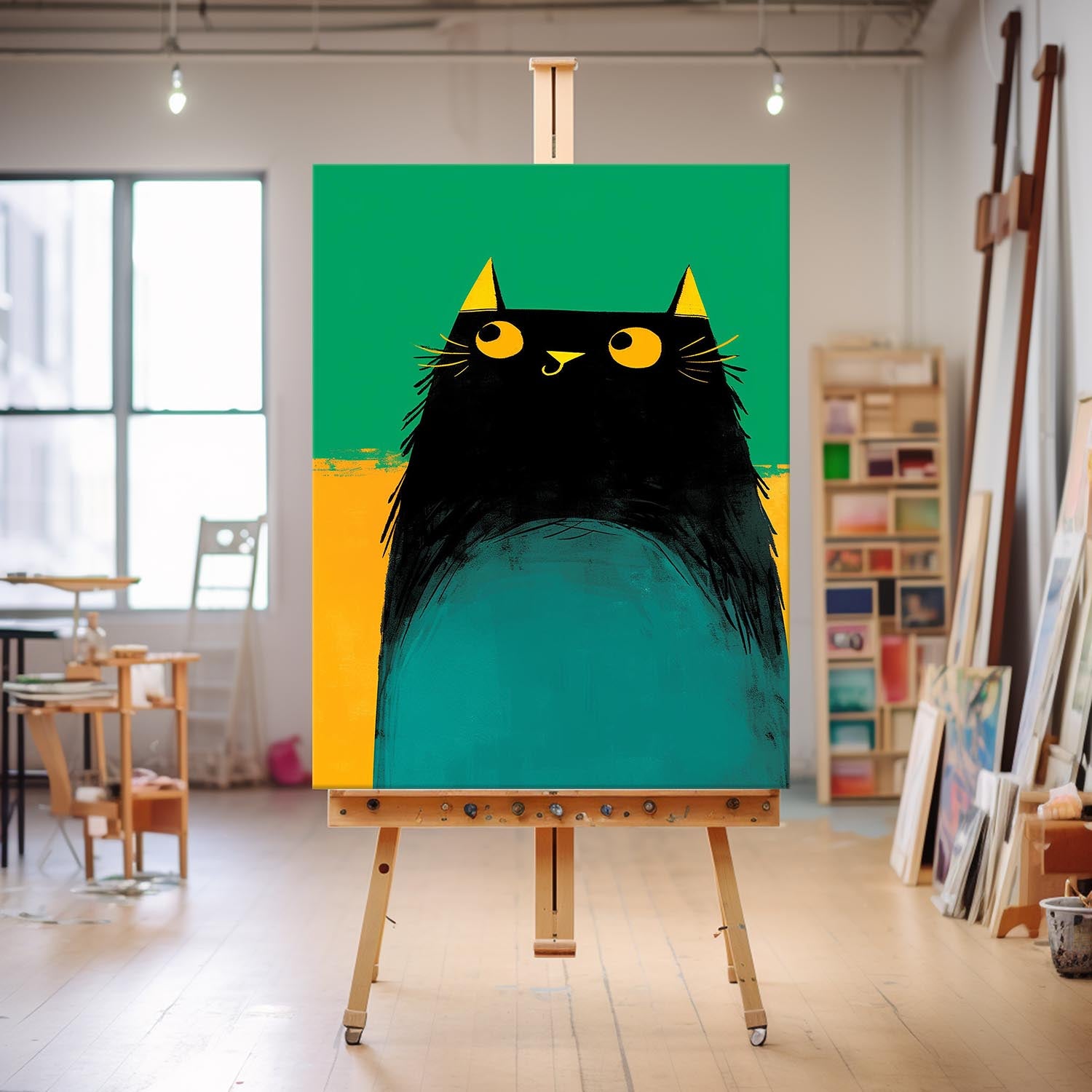 Modern Black Cat Animal Oil Painting Vibrant Yellow And Green Oil Painting Impressionist Kitty Wall Art