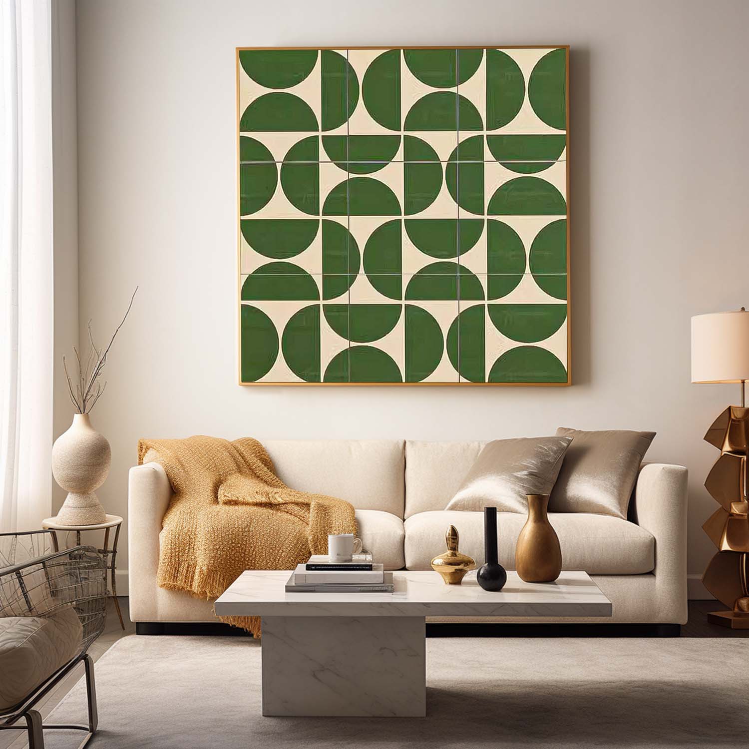 Green Geometry Modern Minimalist Canvas Acrylic Painting Large Regular Semicircle Abstract Wall Art Framed