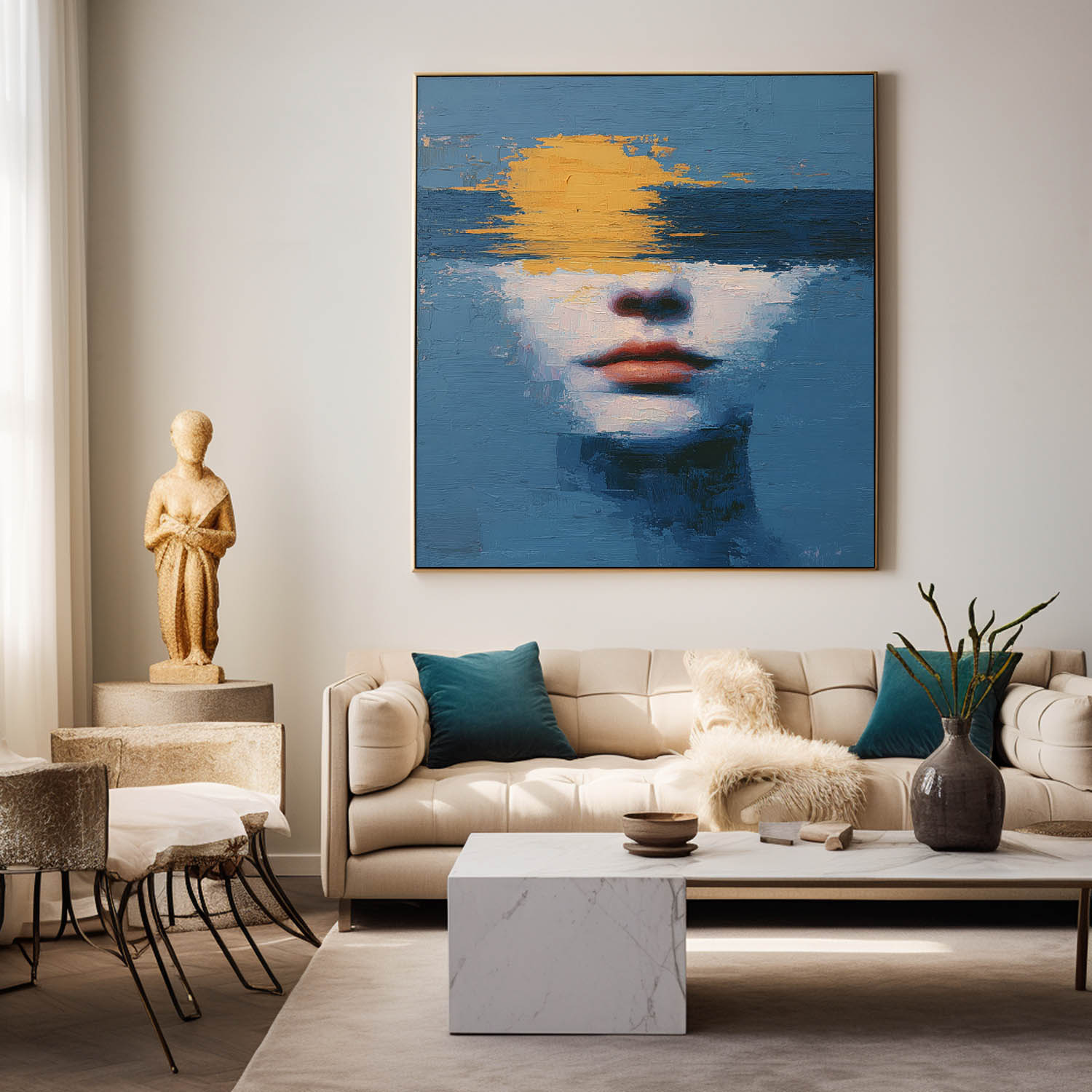Abstract Soulful Face In Ocean Waves Oil Canvas Calming Blue-Yellow Wall Art For Boho Minimalist Home Decor