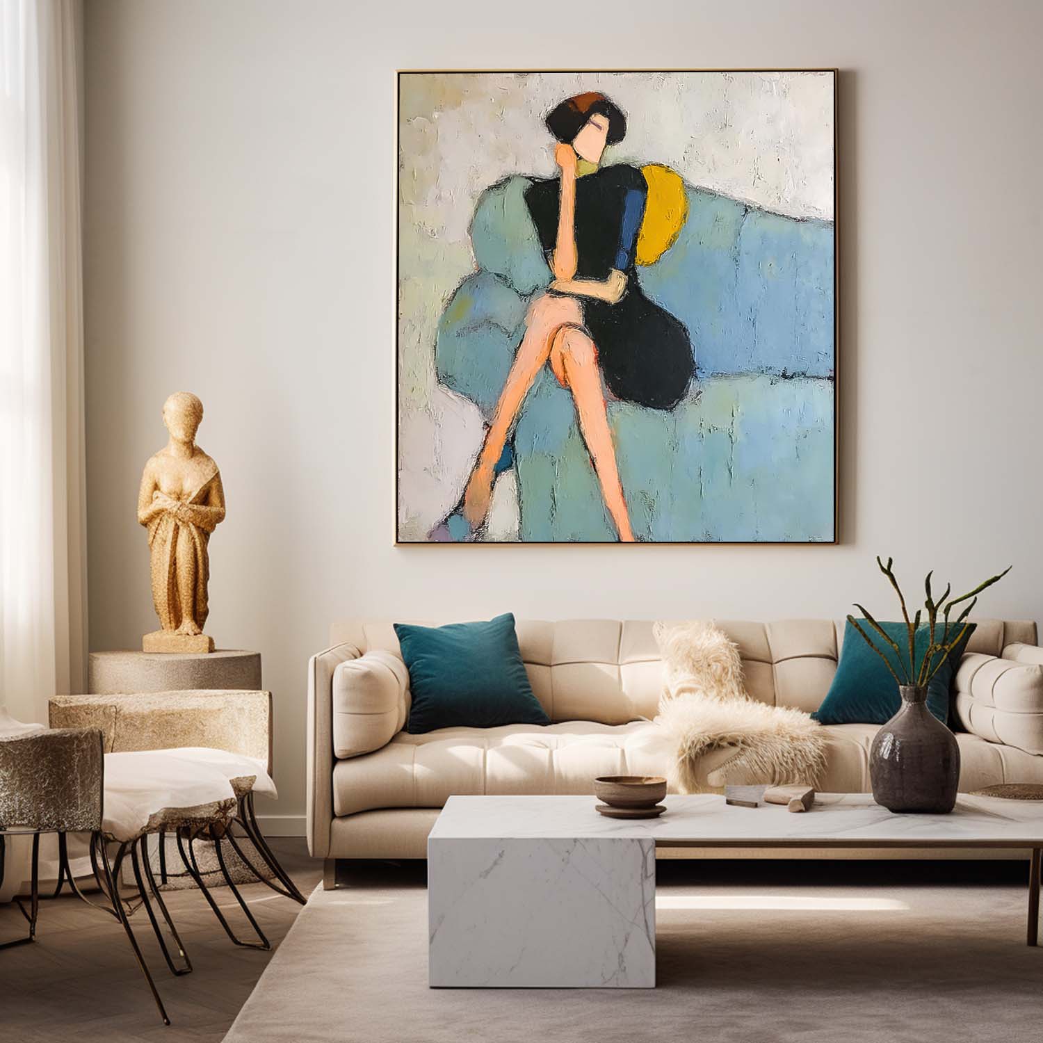 Abstract Lovely Girl Oil Painting Canvas Woman On The Sofa Acrylic Painting Original Portrait Wall Art
