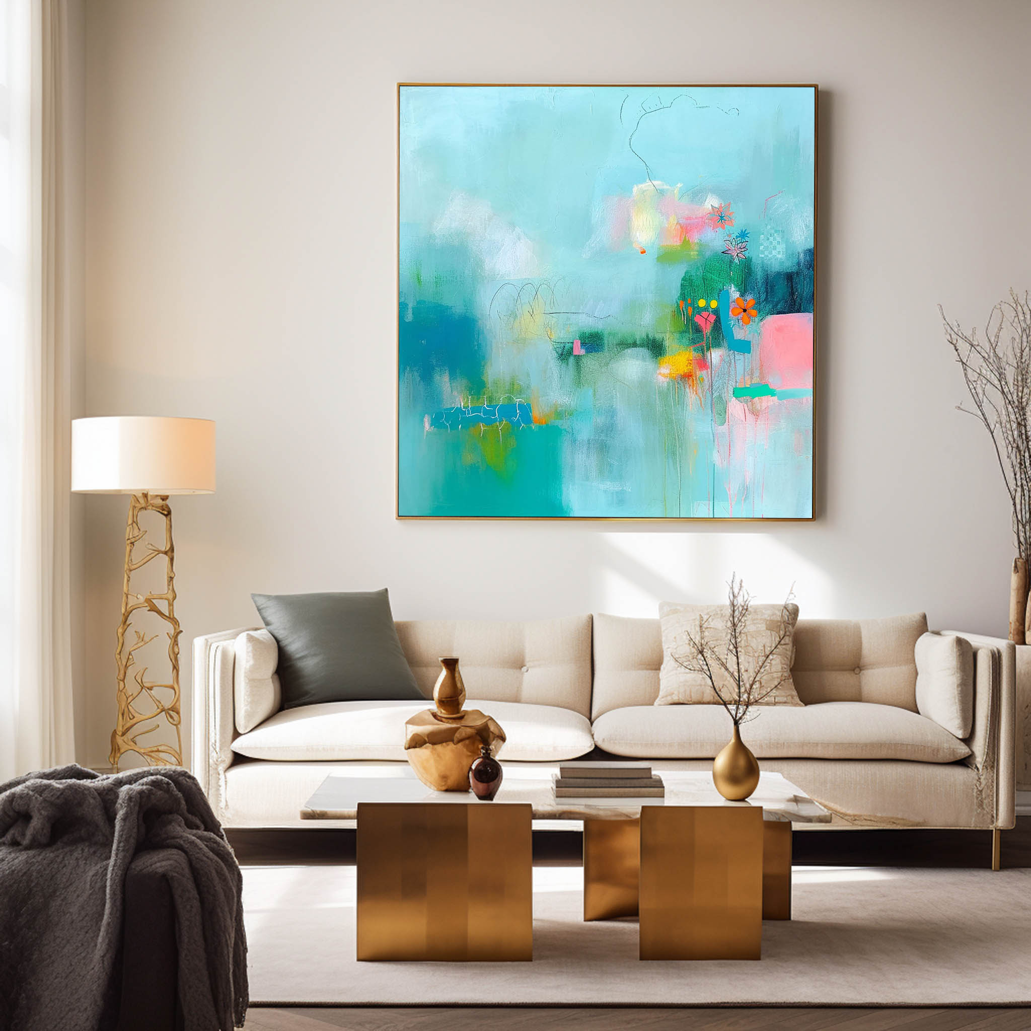 Bright Blue Abstract Painting Canvas Original Abstract Art For Sale Contemporary New Abstract Painting For Living Room