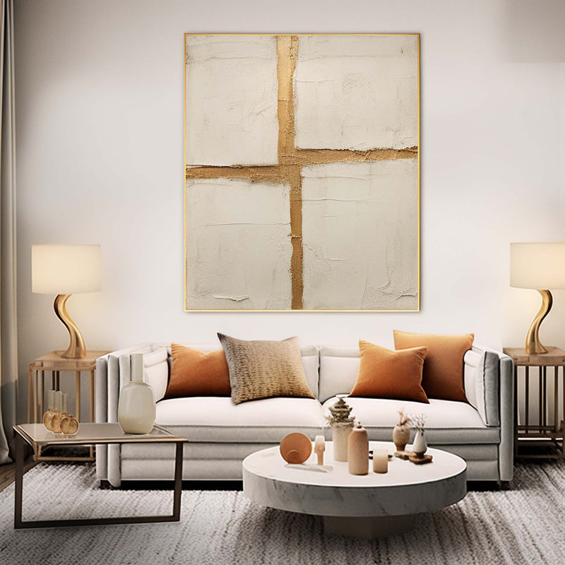 Beige Large Original Abstract Oil Painting On Canvas Modern Gold Cross Texture Wall Art Home Decor