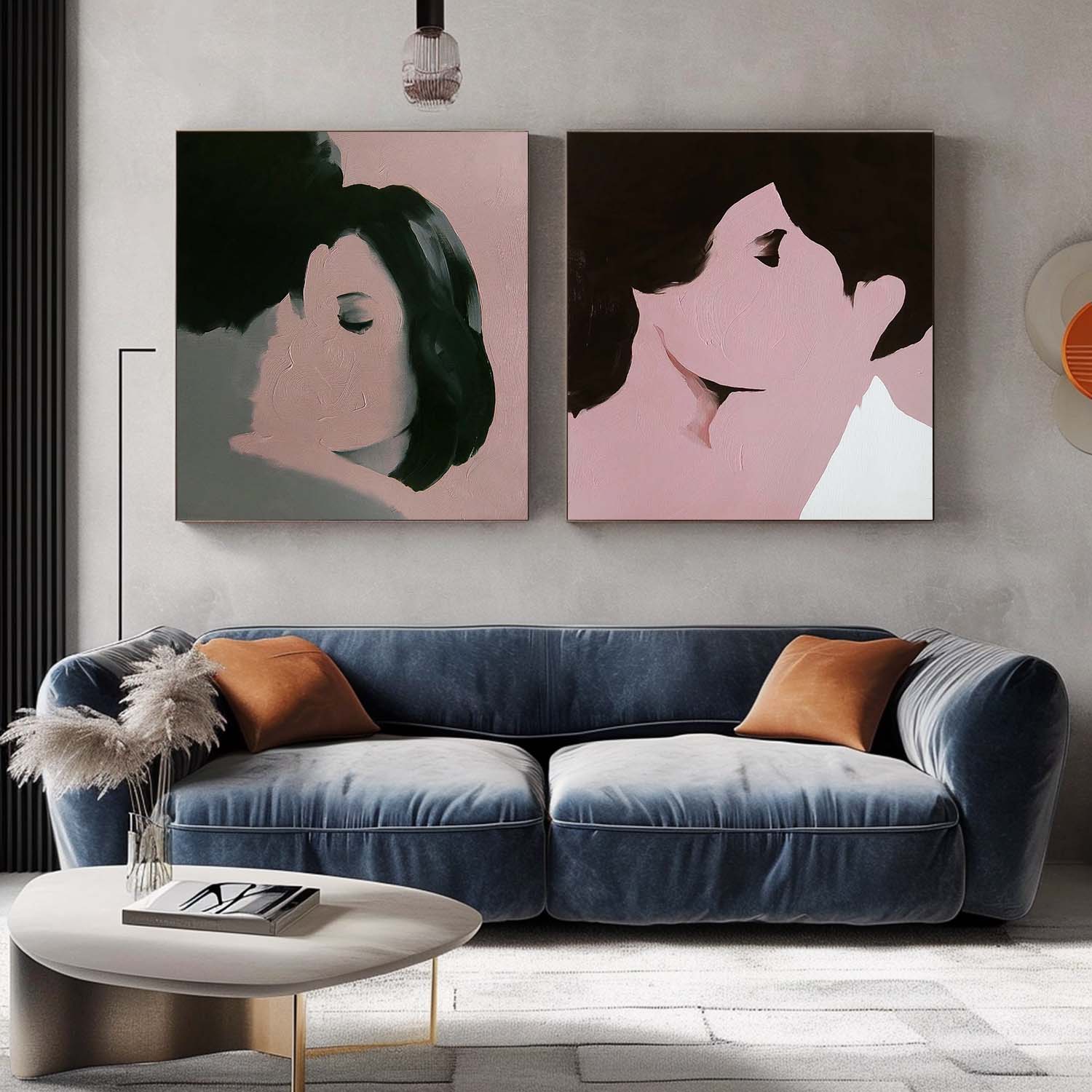 Set of 2 Square Man And Woman Kissing Abstract Wall Art Original Minimalism Painting Canvas Large Artwork
