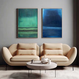 Set of 2 Blue And Green Minimalist Abstract Oil Paintings Contemporary Canvas Wall Art For Living Room