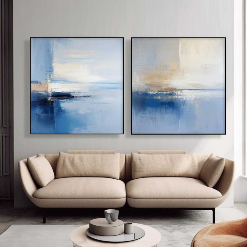Set of 2 Large Abstract Modern Blue Square Original Oil Paintings On Canvas minimalist Texture Wall Art Home Decor